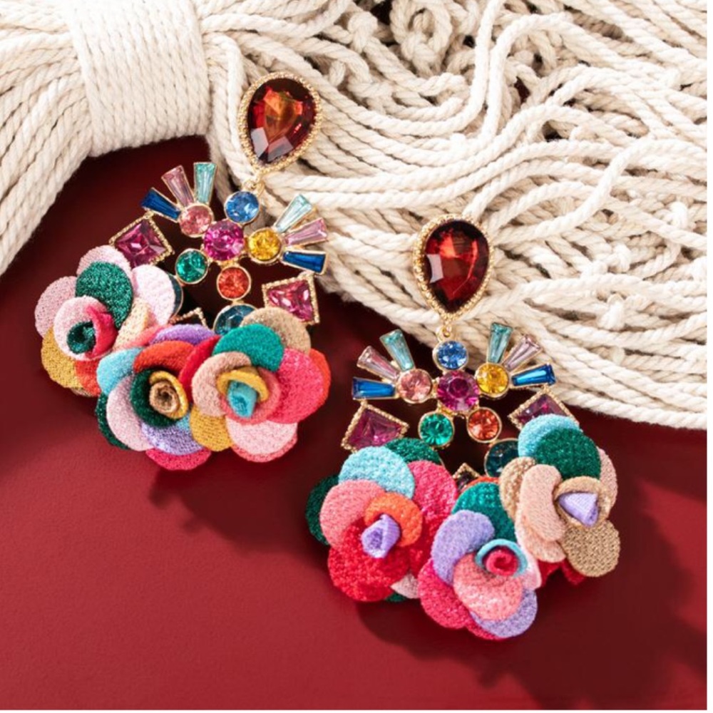 Fabric Flower Charm + Casting Jeweled EarringE4